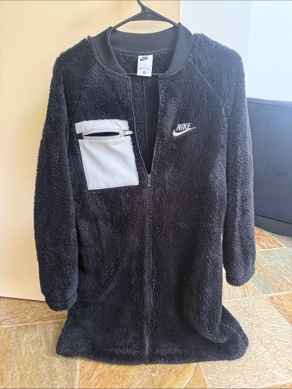 Nike Black Teddy Jacket with White Zip Pocket Detail